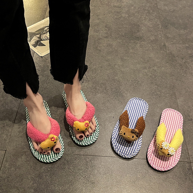 可爱时尚卡通凯蒂猫人字拖女2024夏季新款外穿亚麻居家防滑拖鞋潮