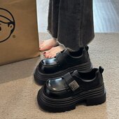 女2025春季 新款 魔术贴厚底单鞋 英伦风小皮鞋 小个子粗跟增高乐福鞋