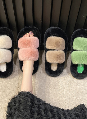 新款拼色厚底毛毛拖鞋女休闲韩版双杠毛毛鞋时尚家居外穿棉拖鞋女