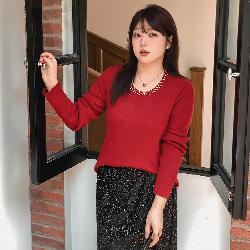 大码女装u领钉珠上衣女打底衫2025秋款胖mm外穿内搭针织毛衣22736,女装/女士精品,毛针织衫,淘宝优惠券,粉丝福利购,淘宝优惠卷