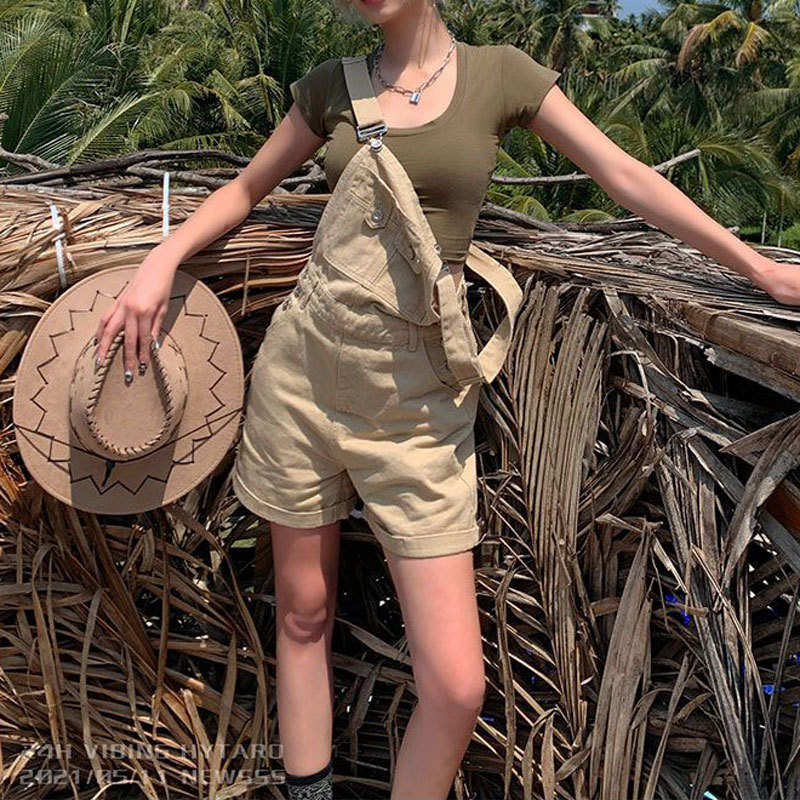 卡其色牛仔背带短裤女网红ins风休闲工装连体裤卷边阔腿a字热裤子