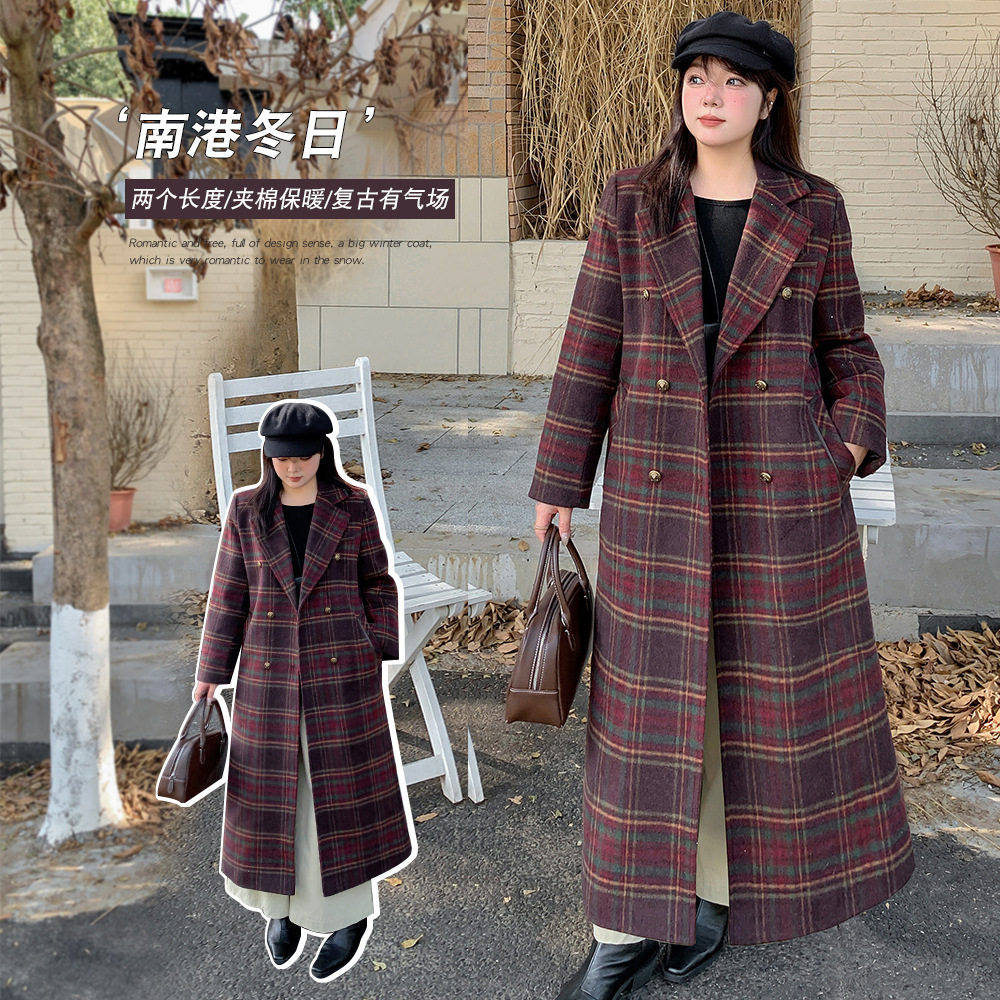 2435轩辰冬季新品大码格子呢大衣设计感微胖女装长款过膝加厚外套,女装/女士精品,毛呢外套,淘宝优惠券,粉丝福利购,淘宝优惠卷