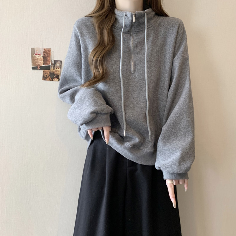 欧美风实拍短款小个子薄款卫衣女秋季百搭韩版宽松半拉链立领上衣