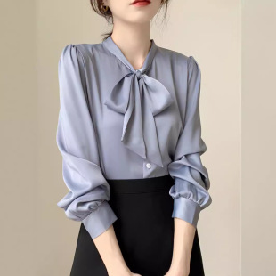 设计感小众职业气质衬衣胖mm雪纺上衣系带 蝴蝶结衬衫 2673大码 女装