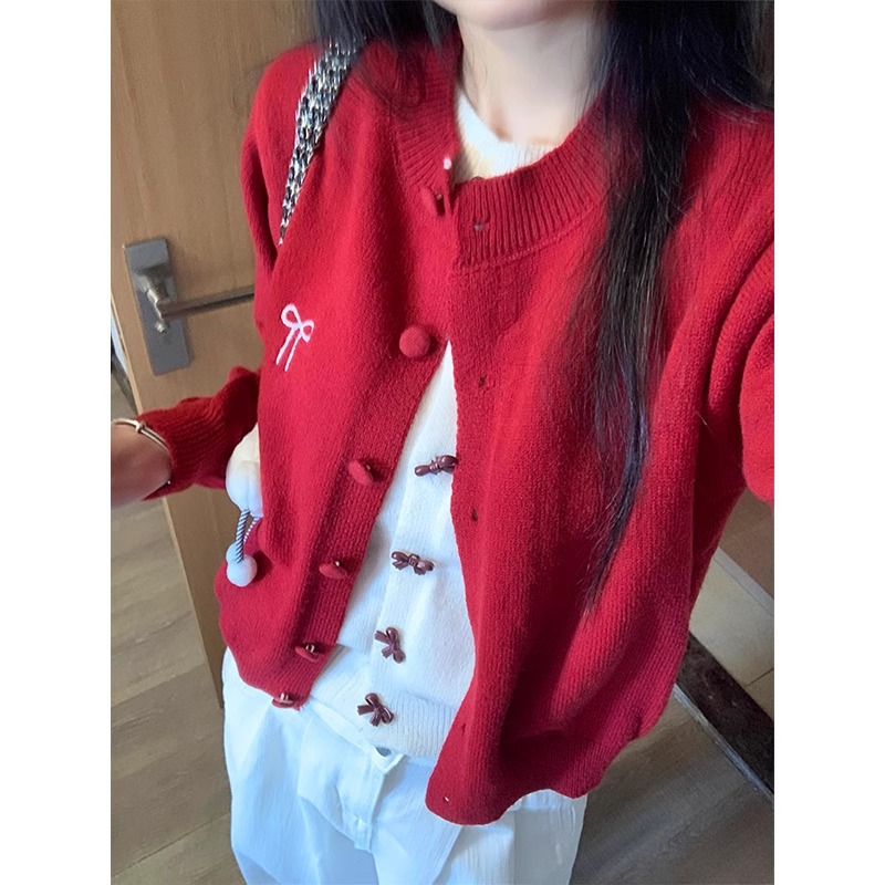 圣诞红穿搭假两件蝴蝶结长袖打底针织开衫女秋冬内搭圆领修身上衣