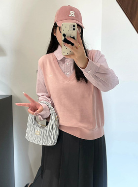 大码女装气质学院风假两件上衣2025秋款胖mm显瘦长袖针织衫22857