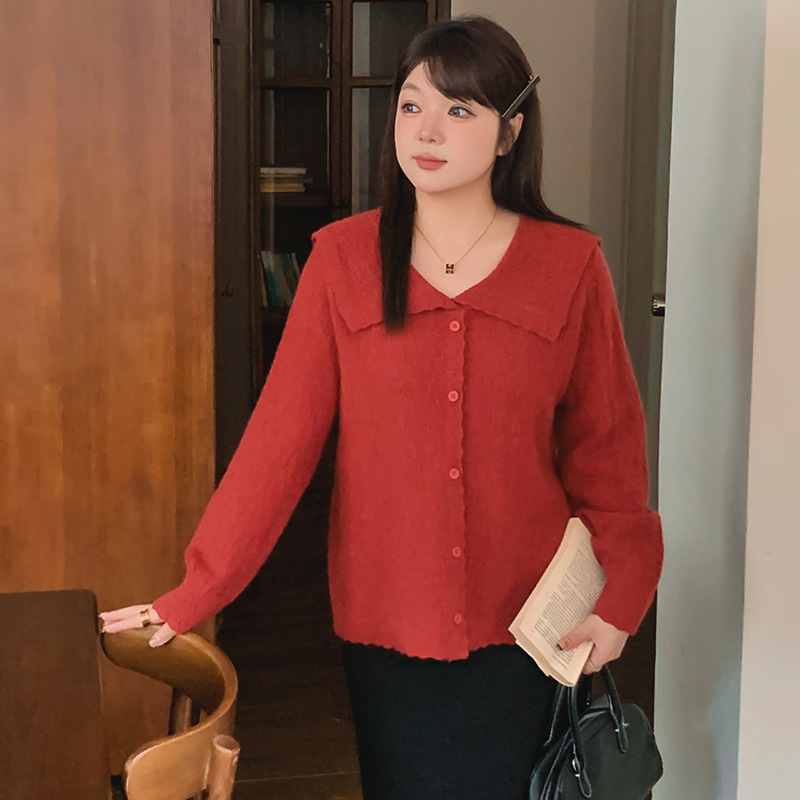 大码女装气质娃娃领长袖上衣外套2025冬款胖mm宽松针织衫女22712