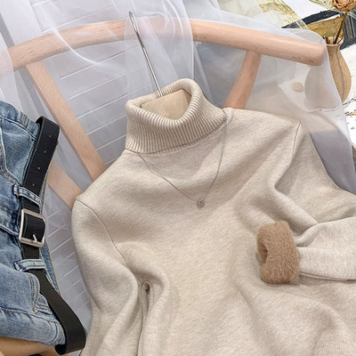 2023秋冬新款一体绒针织衫女高领厚毛衣女简约内搭保暖打底衫上衣