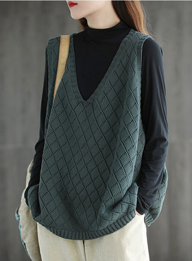 复古上衣V领镂空马甲女2024年新款外穿秋季百搭显瘦宽松针织背心