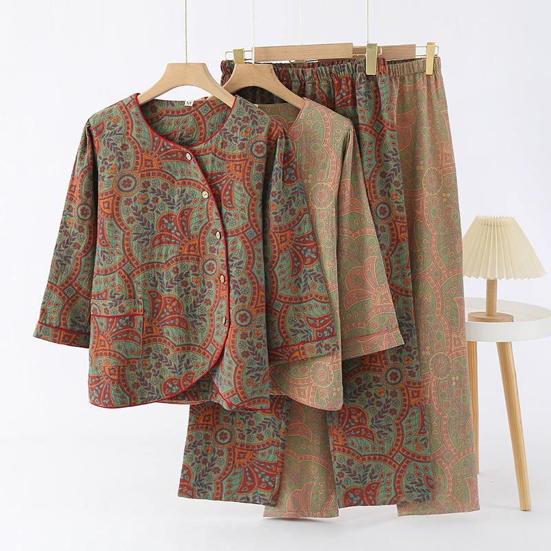 新款夏季薄款新中式国风纯棉纱布女士春秋季全棉可外穿家居服套装