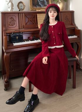 秋冬季小香风套装裙子显瘦上衣大码胖mm法式红色灯芯绒半身连衣裙