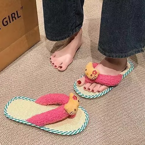 可爱卡通日式拖鞋女夏季外穿新款家居室内亚麻软底轻便舒适人字拖