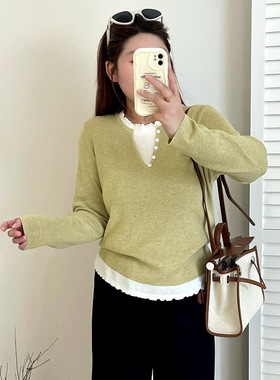 大码女装撞色假两件木耳边上衣女2025秋胖mm休闲长袖针织衫23227