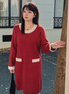 大码女装小香毛衣裙女气质宽松长裙2025冬款胖mm针织连衣裙22657