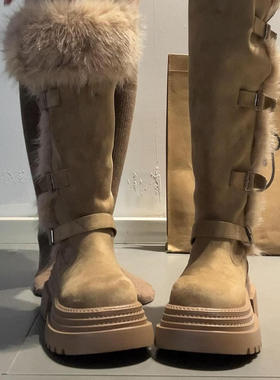 时尚加绒加厚皮带扣不过膝雪地靴女秋冬季复古厚底保暖高筒时装靴