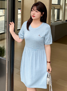 200斤大码女装圆领短袖针织裙2025胖mm显瘦收腰休闲连衣裙女22887