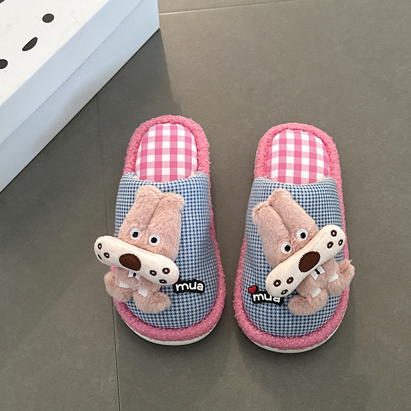 搞怪格子平底棉拖鞋女款秋冬可爱卡通布偶外穿居家毛毛棉拖鞋女鞋