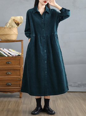 复古文艺范灯芯绒风衣外套女秋冬长款单排扣条纹外塔宽松大衣