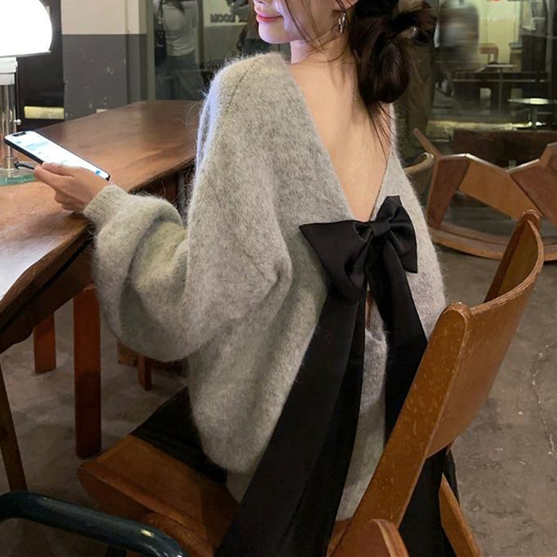 秋季宽松显瘦灰色羊驼毛毛衣韩系背影杀露背蝴蝶结套头针织上衣女