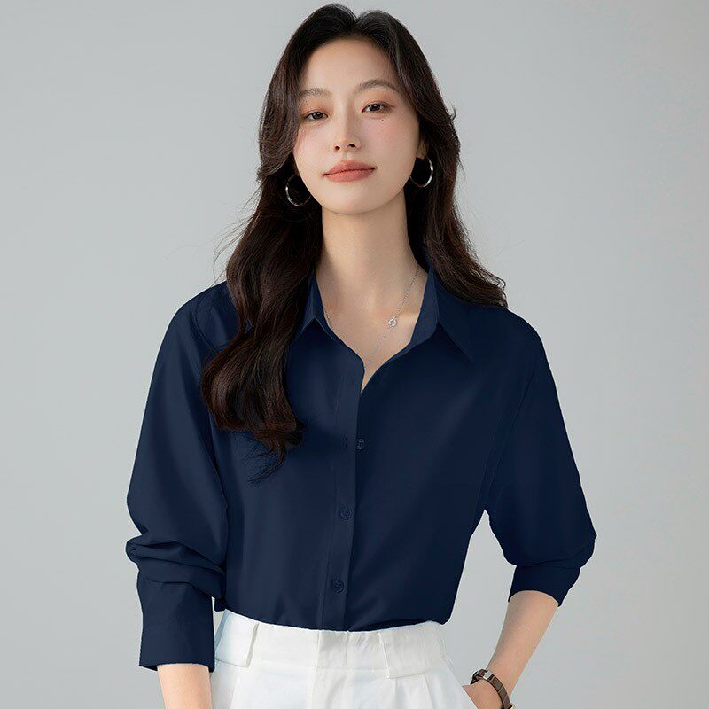 女装衬衣蓝色幽灵长袖上衣法式简约百搭上班族宽松衬衫春秋夏简约