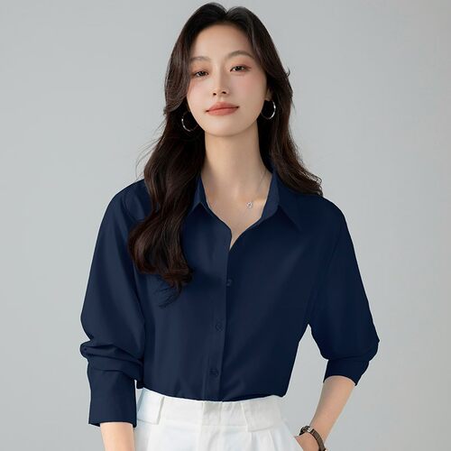 女装衬衣蓝色幽灵长袖上衣法式简约百搭上班族宽松衬衫春秋夏简约