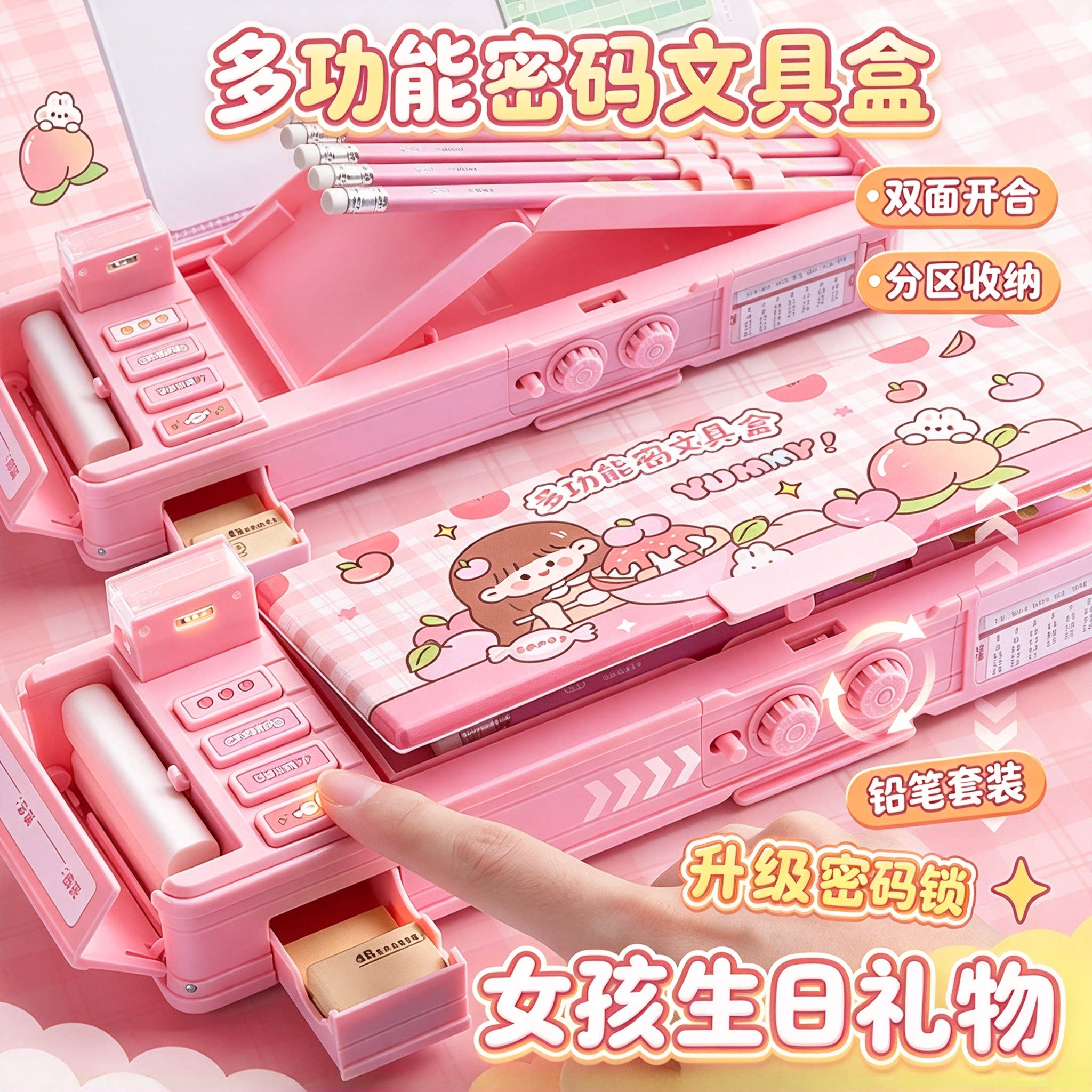 密码锁自动铅笔盒多功能文具盒女
