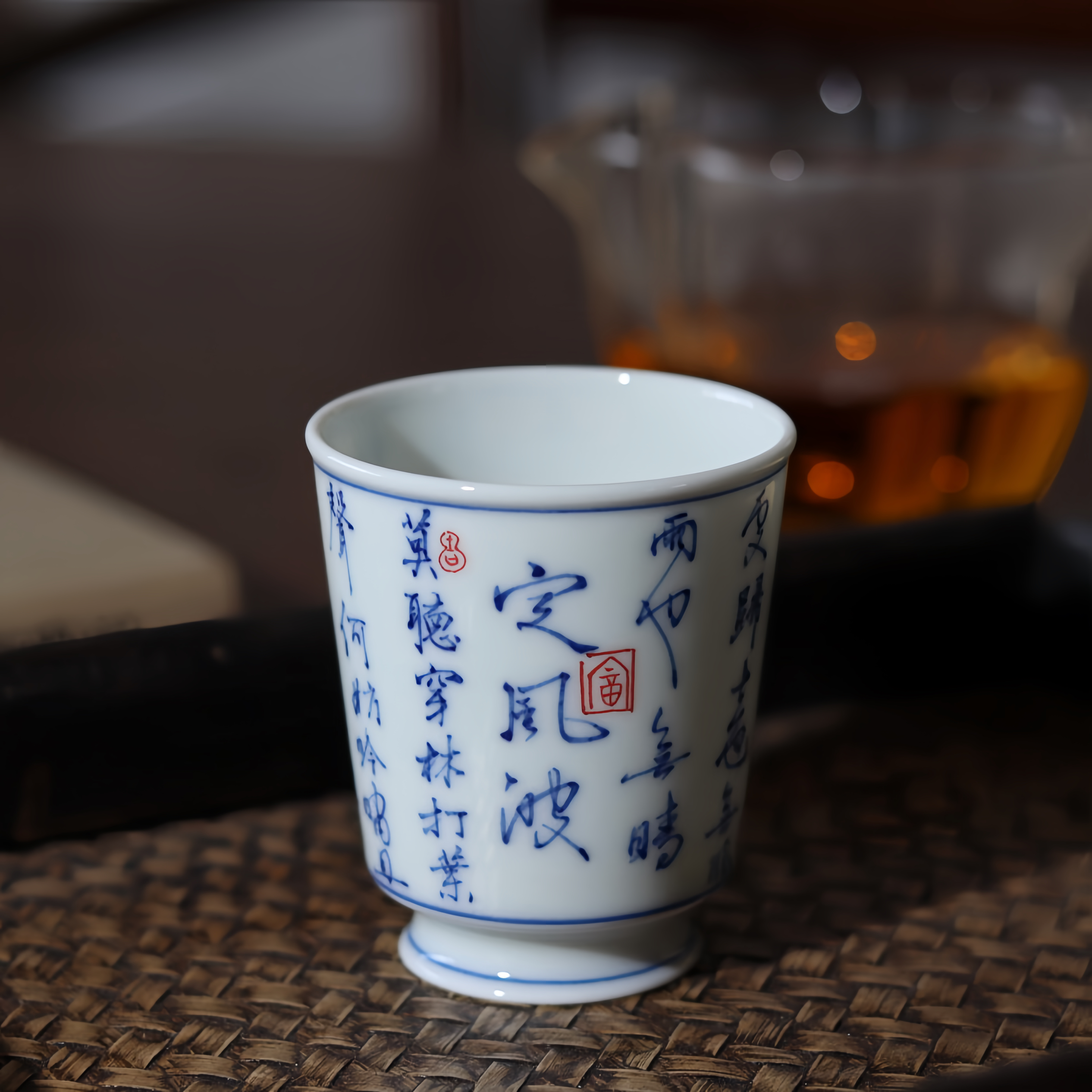 定风波 景德镇手写诗文主人杯 青花书法陶瓷茶具单杯功夫品茗杯