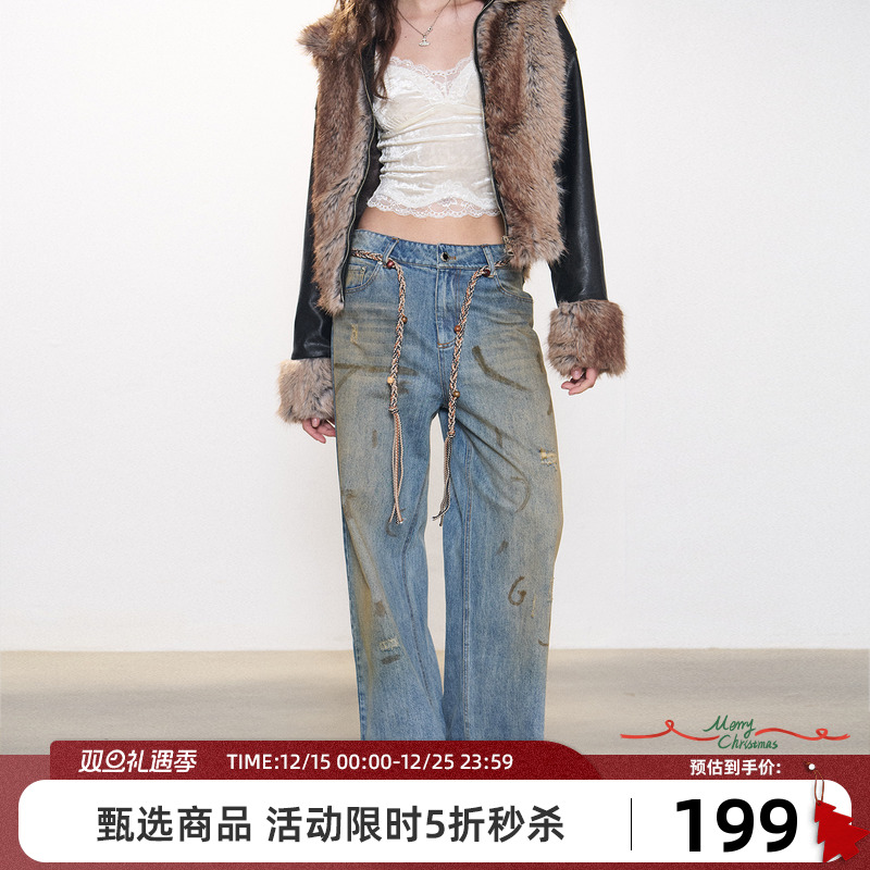 Goosfir 原创设计新款复古水洗直筒泼墨牛仔裤宽松微喇拖地长裤女