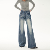 浅蓝直筒宽松水洗牛仔裤 复古阔腿盖脚裤 女 原创设计美式 Goosfir