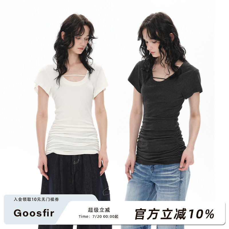 Goosfir 原创设计夏季新款灰白双色正肩收腰短袖T恤打底衫上衣女