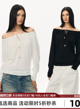 Goosfir 原创设计双色一字肩绑带设计长袖T恤时尚显瘦打底上衣女