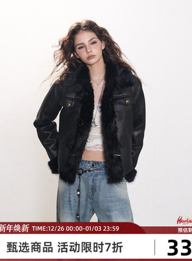 Goosfir 原创设计做旧复古时尚皮毛一体外套秋冬款保暖短款皮夹克