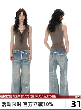 Goosfir 原创设计夏季新款美式复古小众猫须直筒牛仔裤微喇叭长裤