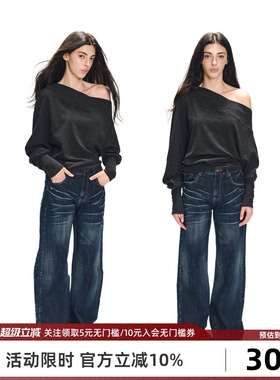 Goosfir 原创设计秋冬新款深蓝猫咪纹复古水洗牛仔裤阔腿盖脚裤女