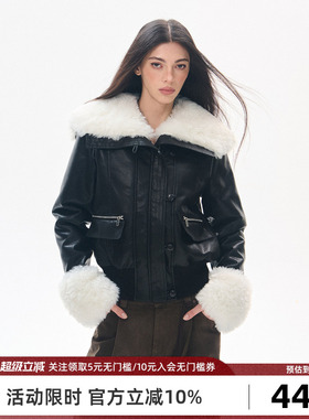 Goosfir 原创设计口袋皮毛一体外套女冬季新款黑色短款毛领皮夹克