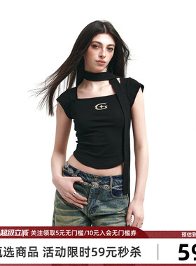 Goosfir原创设计初春新款辣妹正肩方领围巾短t修身短款内搭上衣女