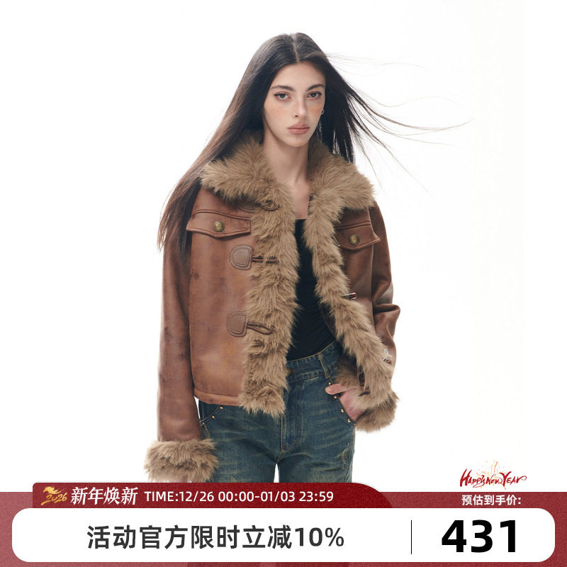 Goosfir 原创设计复古做旧毛绒拼接外套秋冬新款保暖褐色皮大衣女 - Goosfir