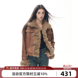Goosfir 保暖褐色皮大衣女 原创设计复古做旧毛绒拼接外套秋冬新款