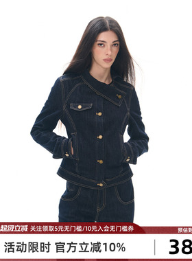 Goosfir 原创设计新款斜领扣修身显瘦收腰牛仔外套短款原牛色夹克