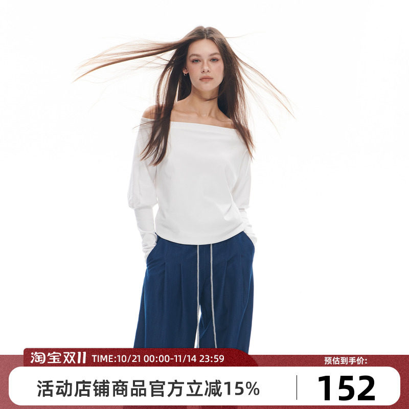 Goosfir原创设计夏季新款纯欲高级感收袖显瘦百搭黑白一字领T恤女