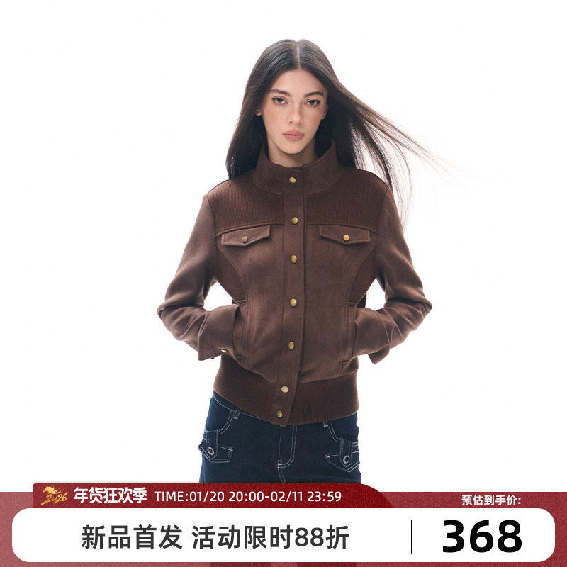 Goosfir 原创设计复古短款立领麂皮拼接夹克外套收腰显瘦休闲外衣,女装/女士精品,短外套,淘宝优惠券,粉丝福利购,淘宝优惠卷