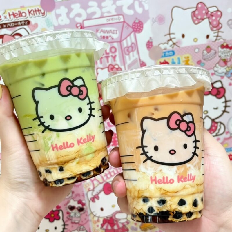 Hello Kitty珍珠奶茶杯子一次性PET咖啡美式拿铁冷饮杯加厚带盖杯