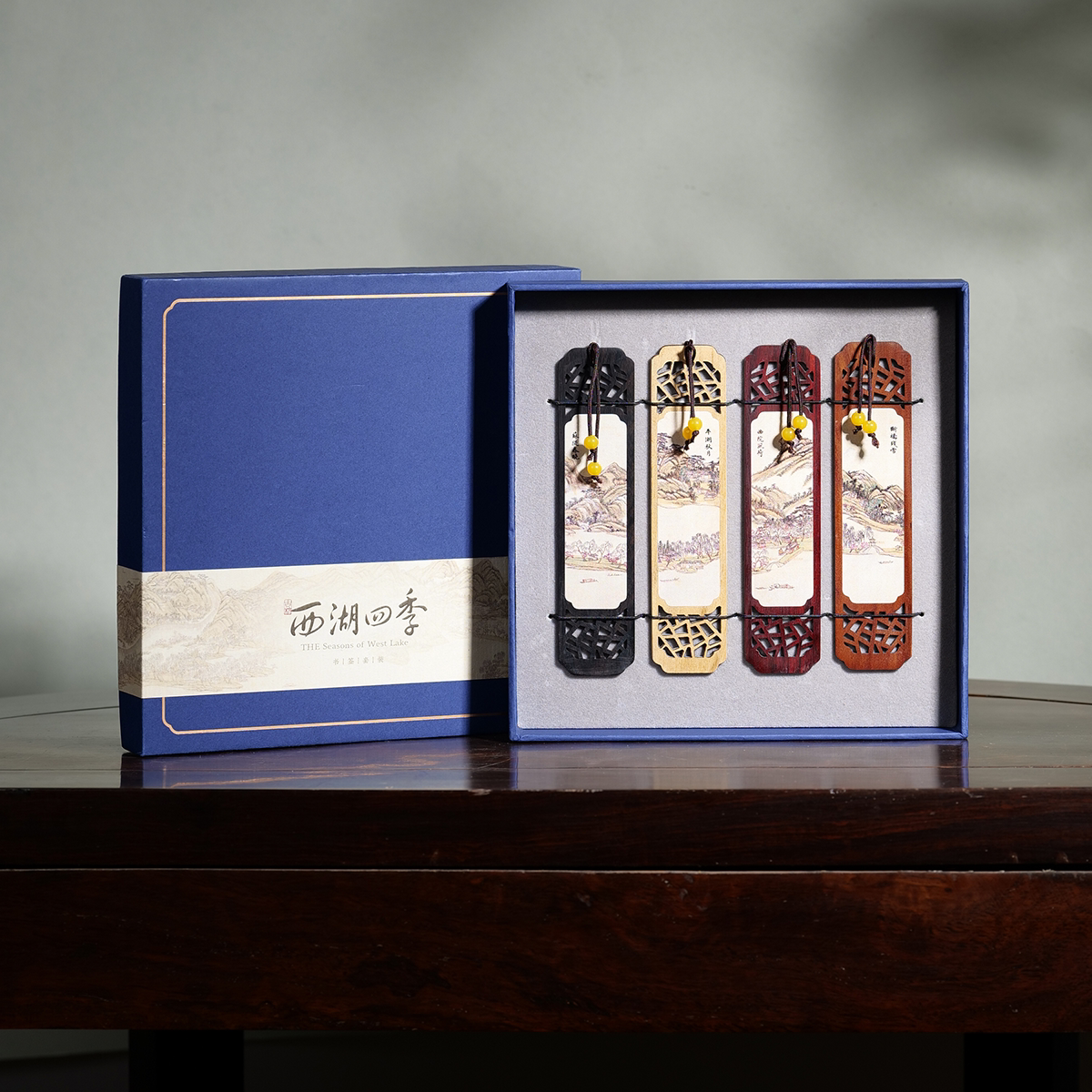 西泠文房西湖四季实木镂空窗花书签4支礼盒装古典中式文艺书签毕业生日教师节送外国友人杭州特色伴手礼品