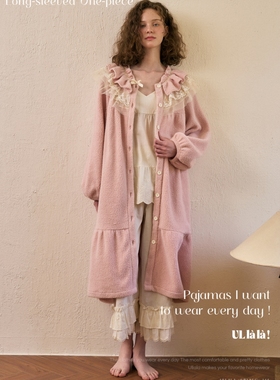 ULLALA韩国乌拉拉睡裙女2025冬甜美蕾丝花边领前扣长袖毛绒家居裙