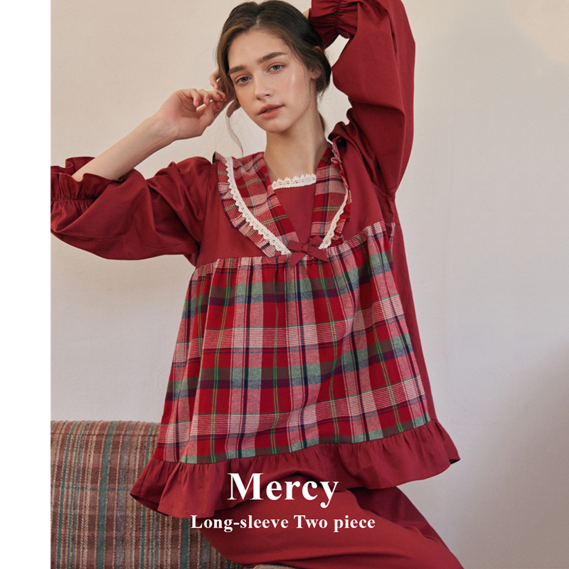 ULLALA韩国2024秋季纯棉甜美蕾丝花边格子方领长袖睡衣套装睡裙女