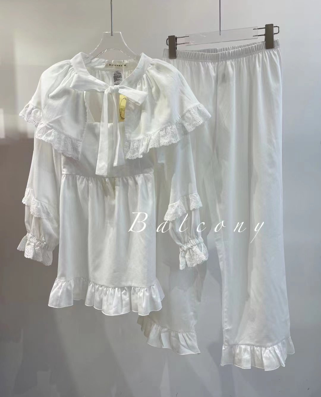 BALCONY韩国2023秋纯棉甜美蕾丝花边吊带长裤睡衣套装睡裙女披肩
