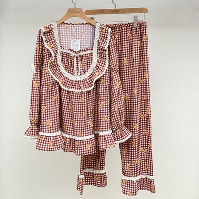 LUNALUZ纯棉花边小熊情侣家居服