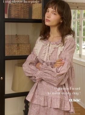 ULLALA韩国睡衣女2025秋冬磨毛纯棉甜美碎花公主风长袖家居服睡裙