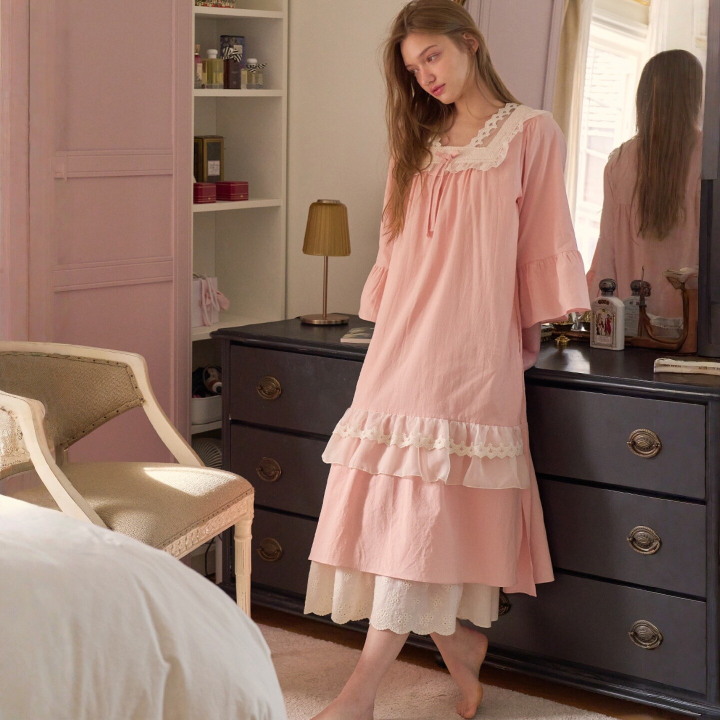 ULLALA韩国乌拉拉睡裙女2026春纯棉甜美蕾丝花边V领七分袖家居裙