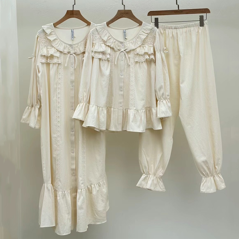 LUNALUZ韩国2025春季款纯棉甜美蕾丝花边圆领前扣睡衣套装睡裙女